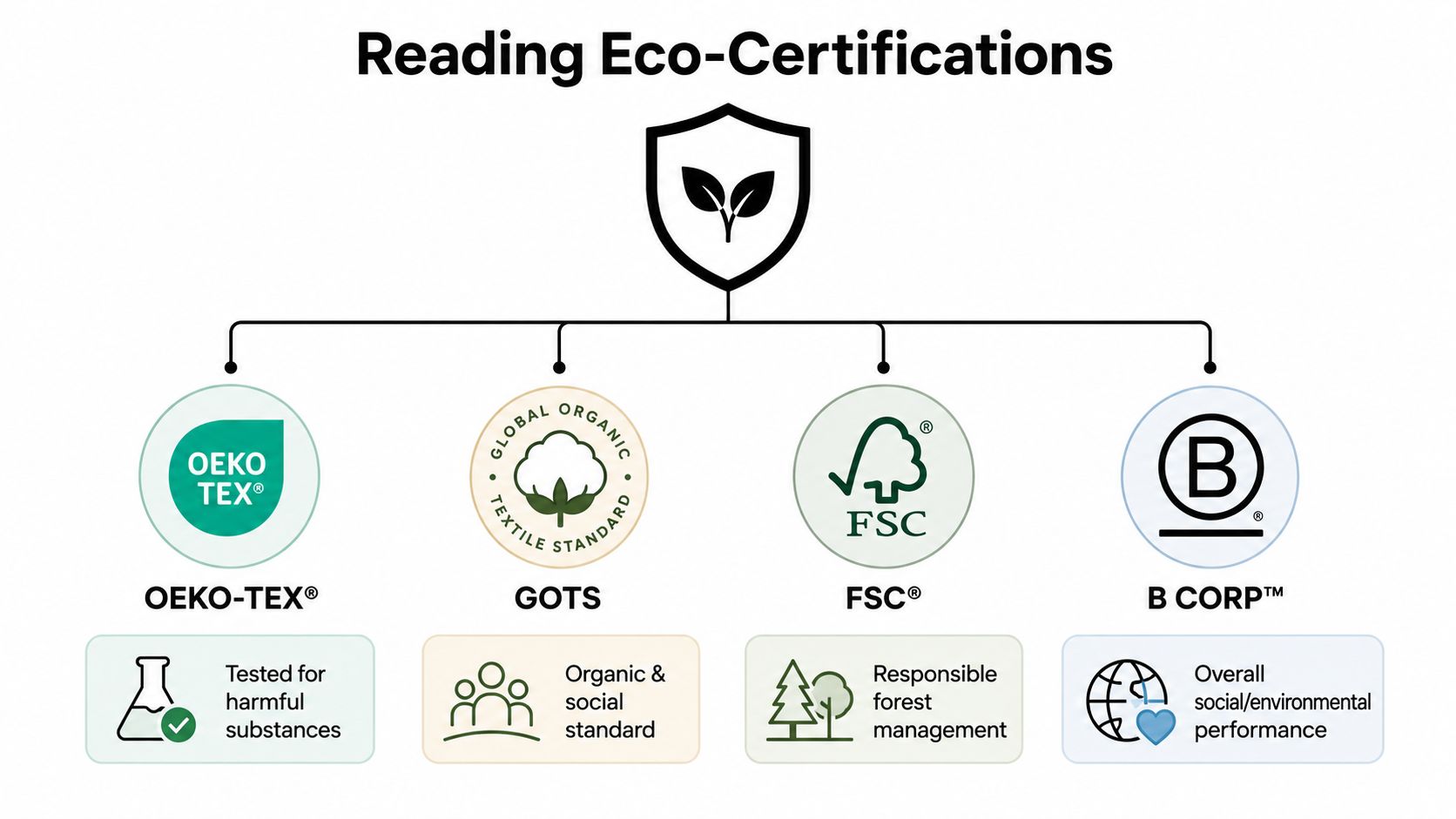 A diagram explaining four common eco-certifications: OEKO-TEX, GOTS, FSC, and B CORP with their descriptions.