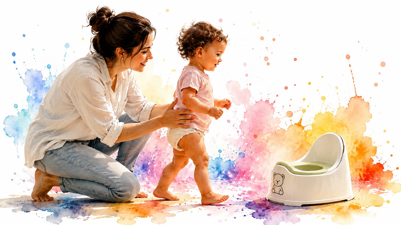 A caring mother supporting her toddler as the child walks toward a small white potty training chair.