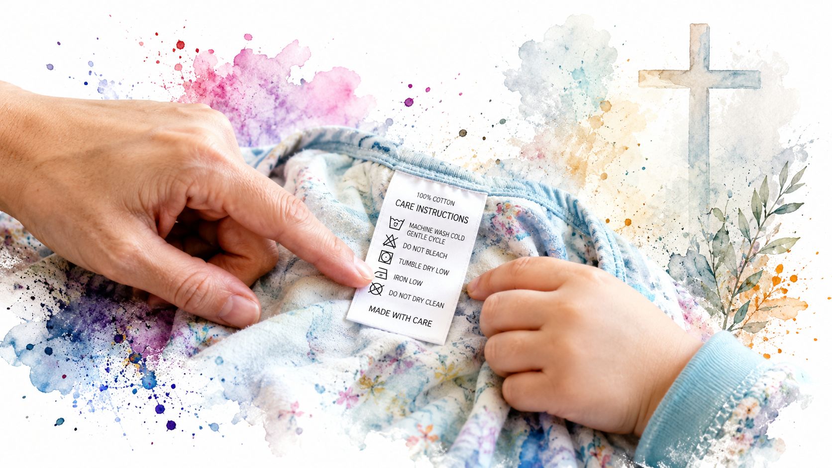 A close-up of a parent and a child's hands holding a clothing tag with care instructions.