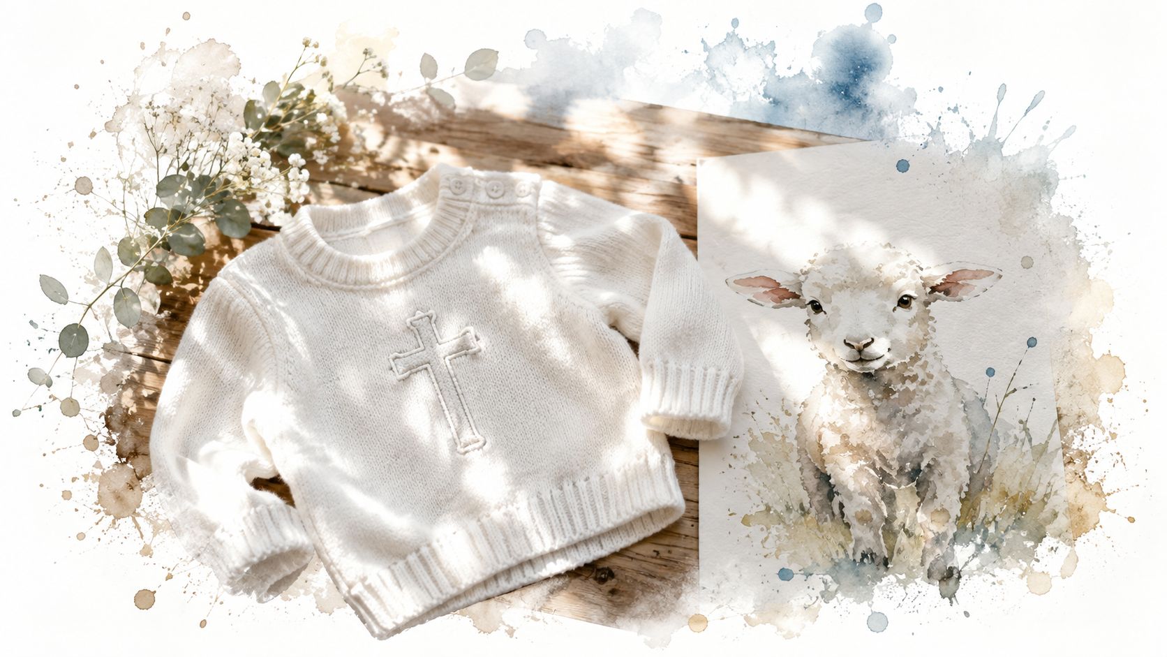 A christening sweater with a cross icon next to a watercolor lamb painting on wooden background