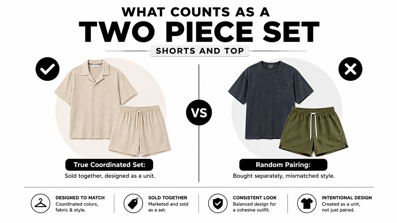 A comparison guide explaining the difference between a true coordinated two piece set and random clothing pairings.