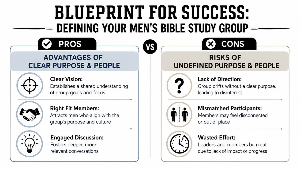 An infographic comparing the pros of having a clear purpose for men's bible study groups versus cons.