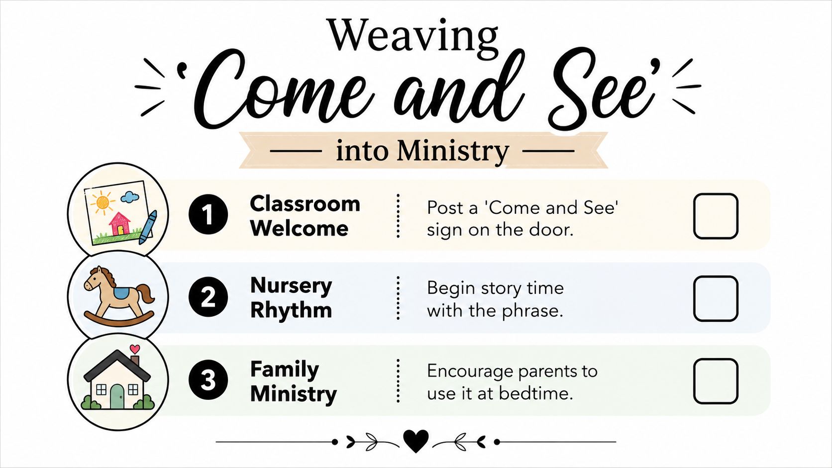 An infographic titled Weaving Come and See into Ministry, listing three practical ways to incorporate this phrase.