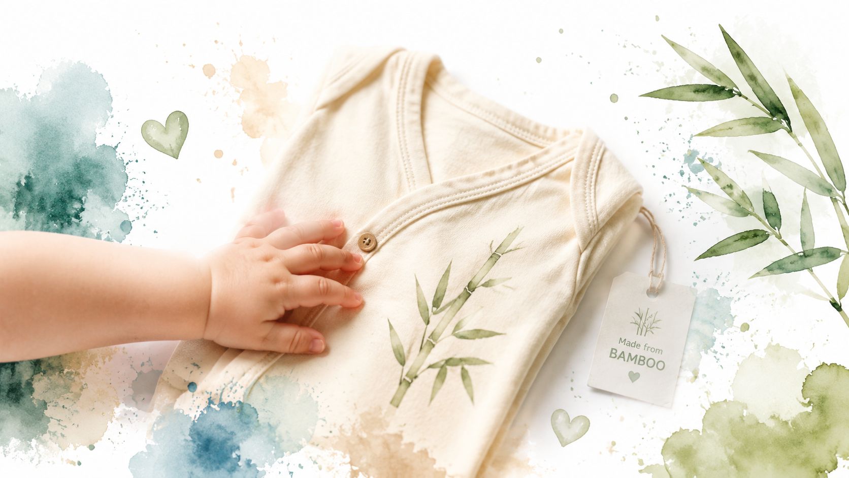 A close-up of a baby's hand gently touching a soft, beige bamboo fabric baby onesie.