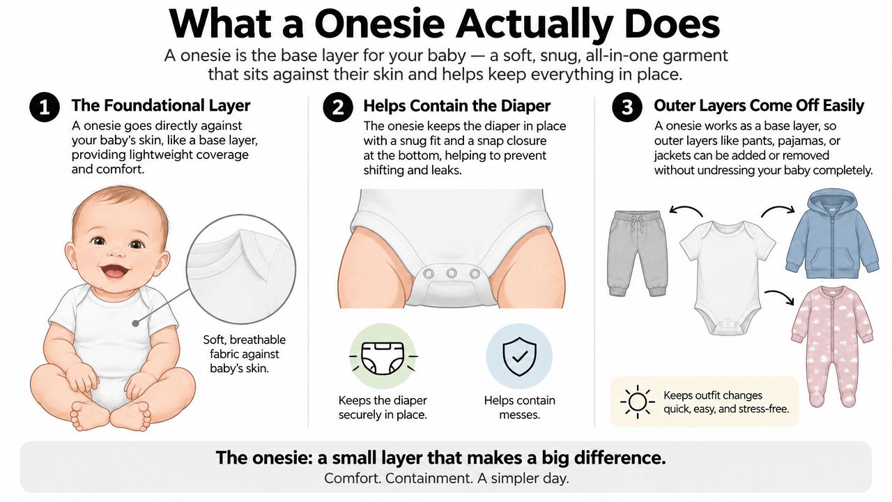 An infographic explaining the benefits and functions of a baby onesie as a foundational clothing layer.