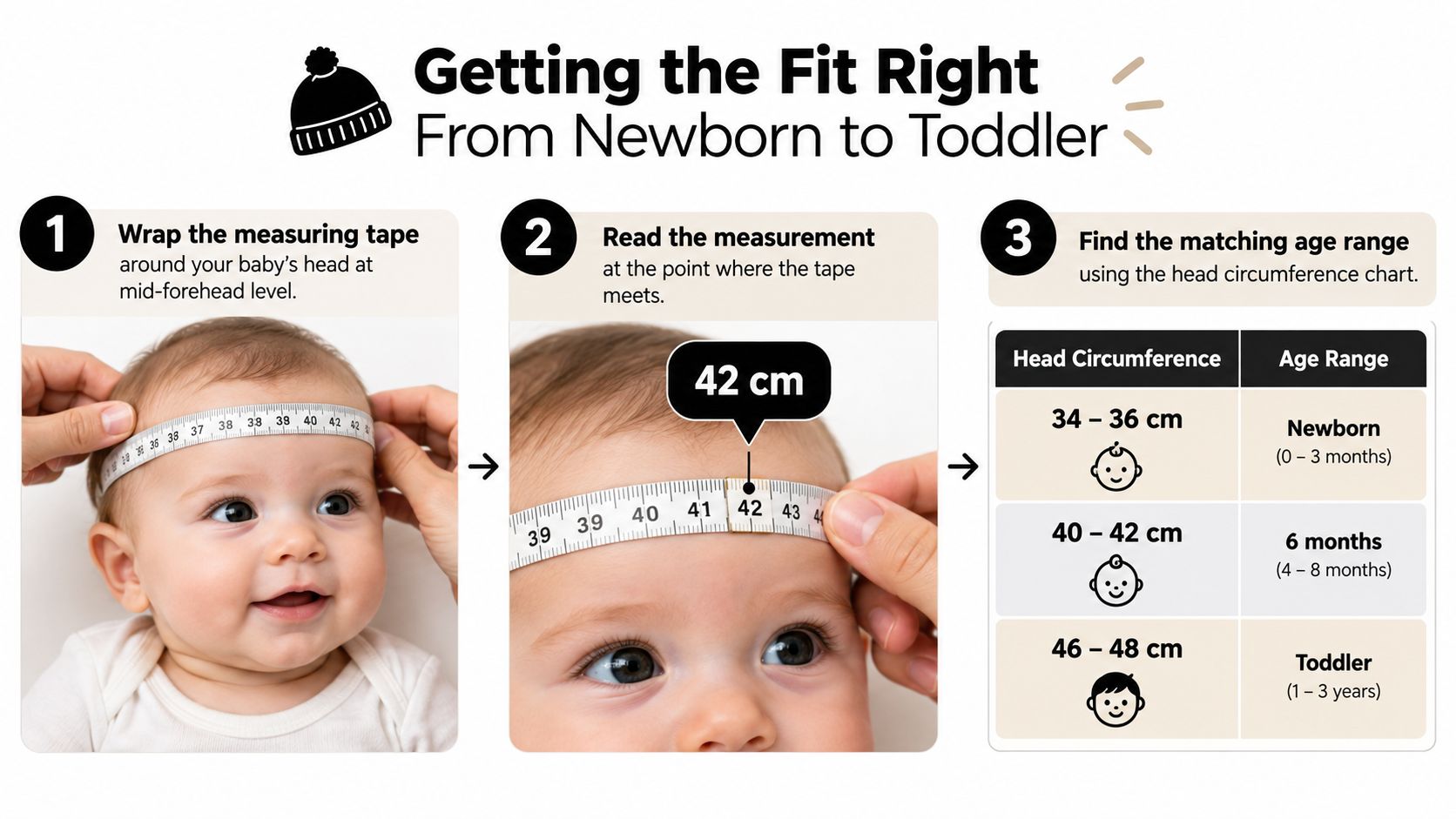 An infographic showing how to measure a baby's head circumference to determine the correct hat size.