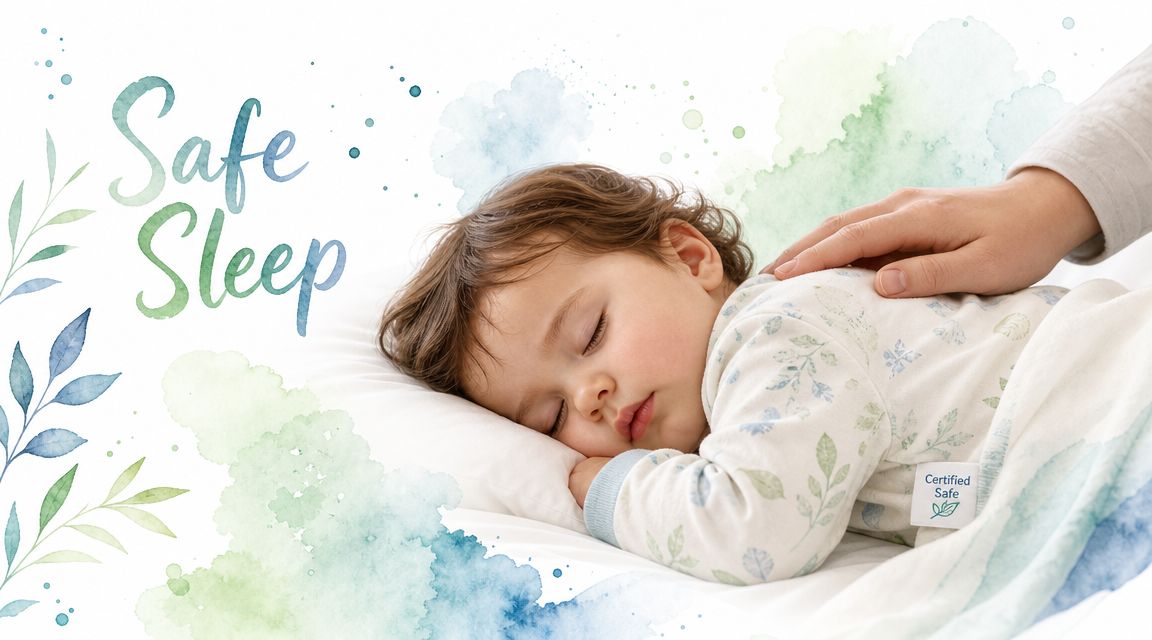 A gentle hand rests on a sleeping baby wearing soft patterned pajamas in a peaceful setting.