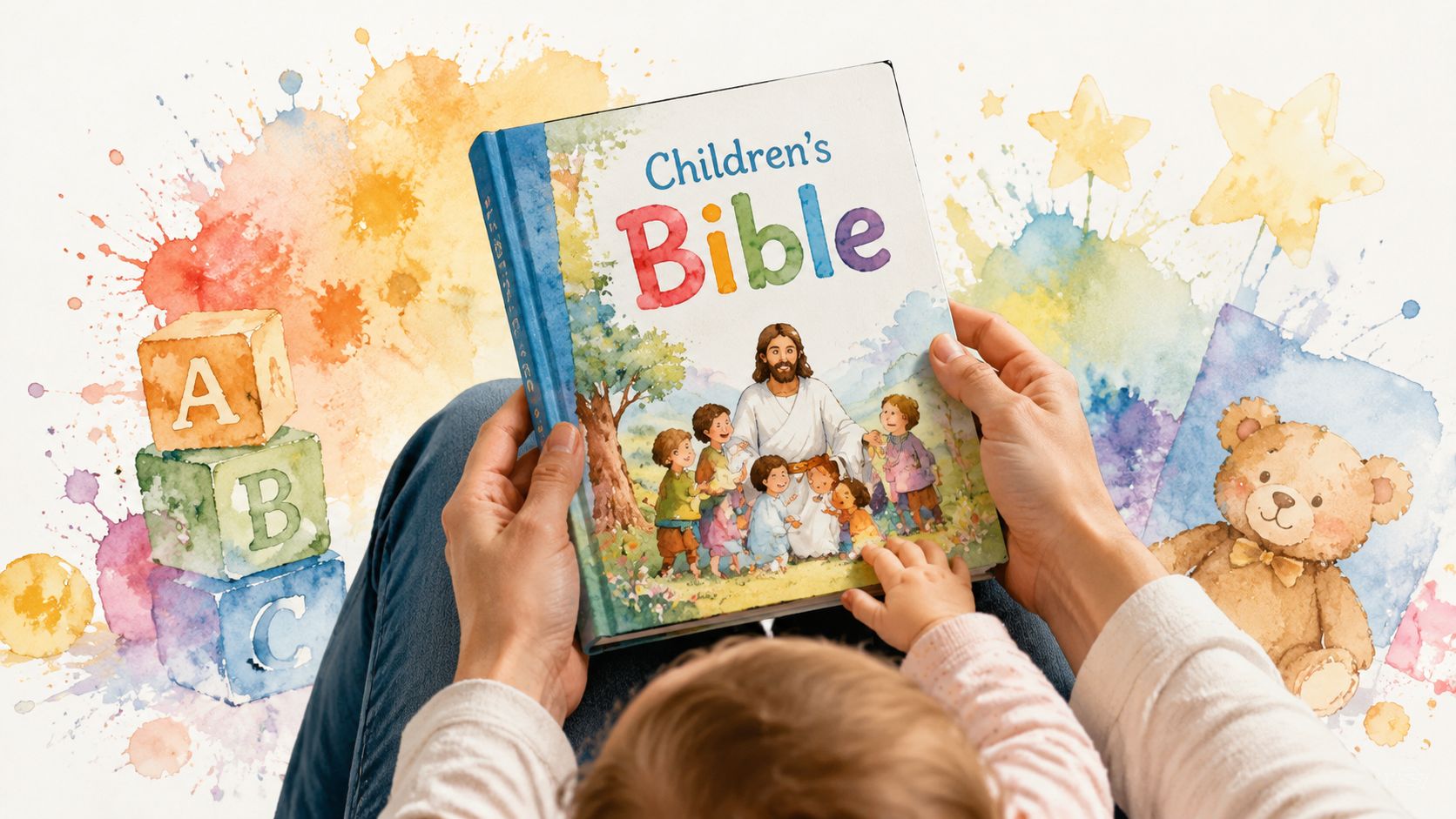 A parent holding an illustrated Children's Bible with a young child looking at the open book.
