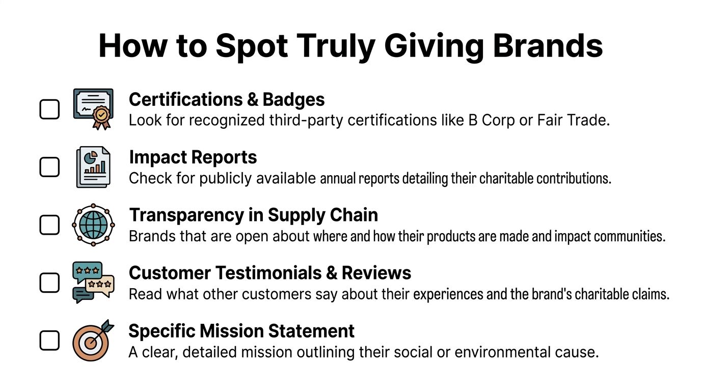 An infographic titled How to Spot Truly Giving Brands listing five tips for identifying socially responsible companies.