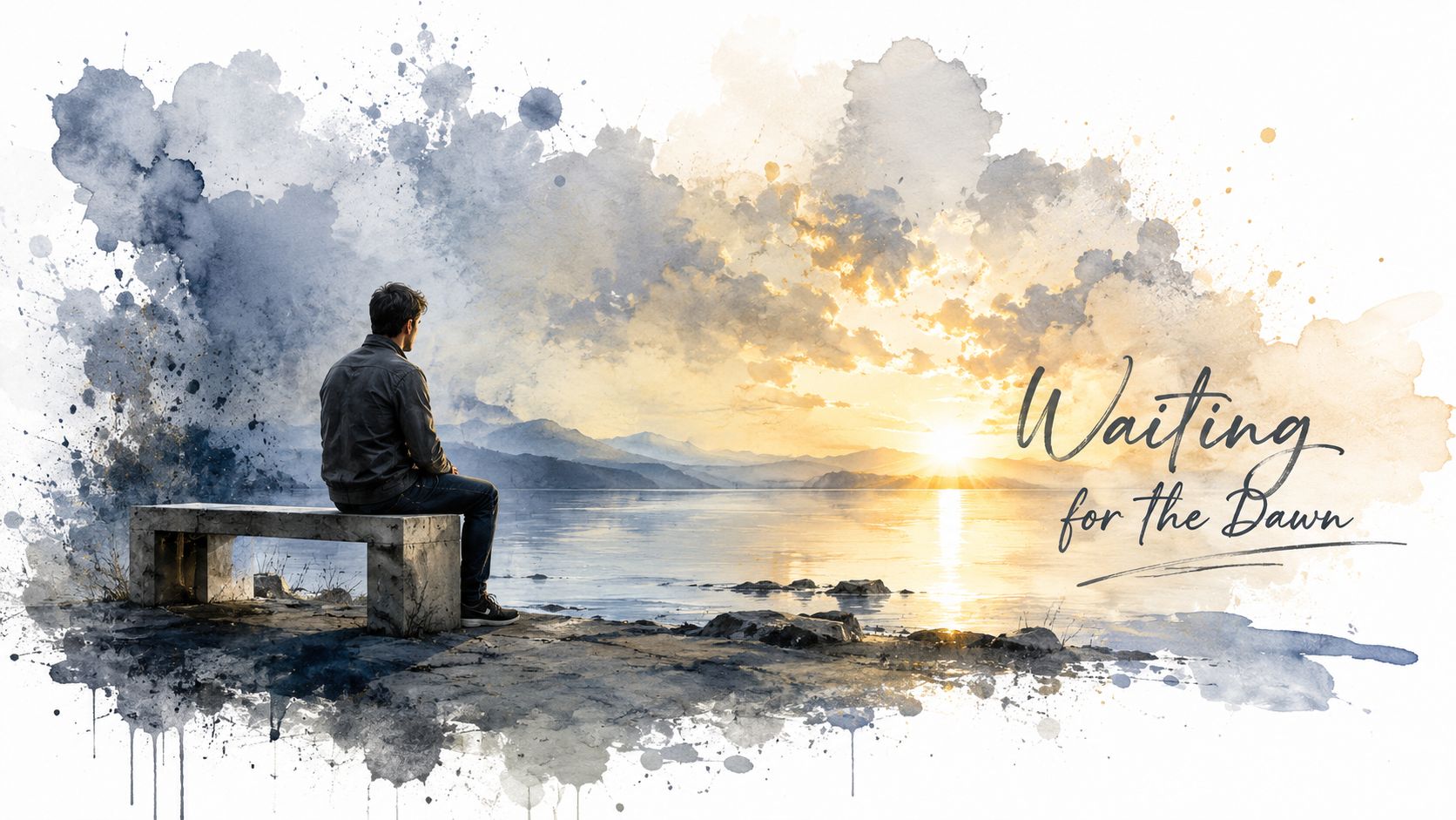 A man sits alone on a stone bench overlooking a tranquil lake at sunrise during dawn.