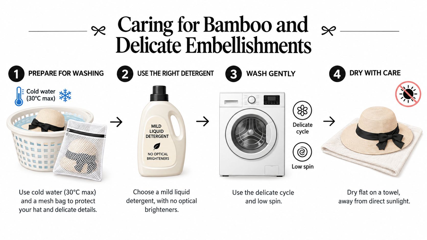 A step-by-step instructional infographic on how to safely wash hats with delicate embellishments and bamboo materials.