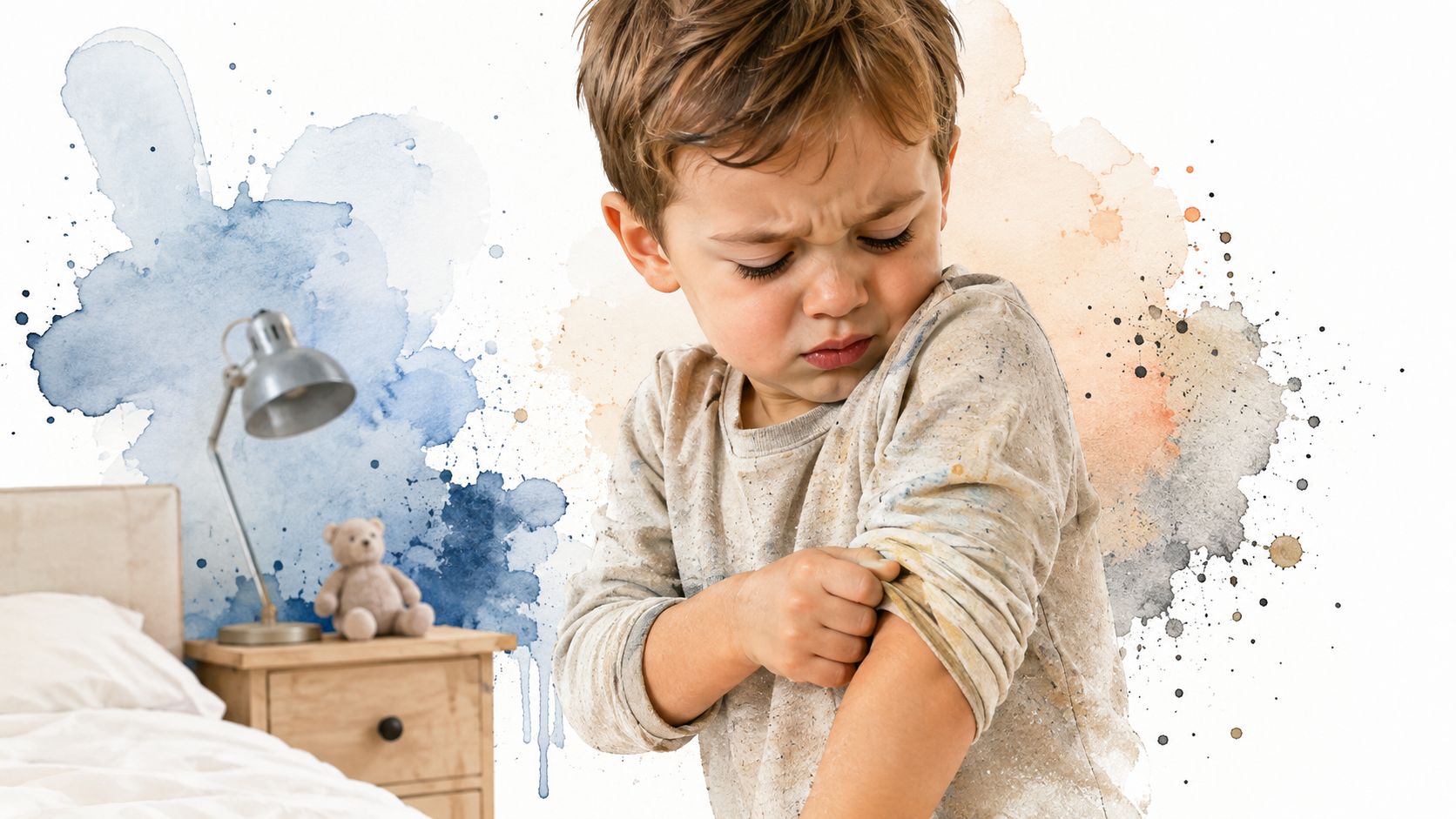 A distressed toddler boy wearing a long-sleeved shirt, pulling up his sleeve to look at his arm.