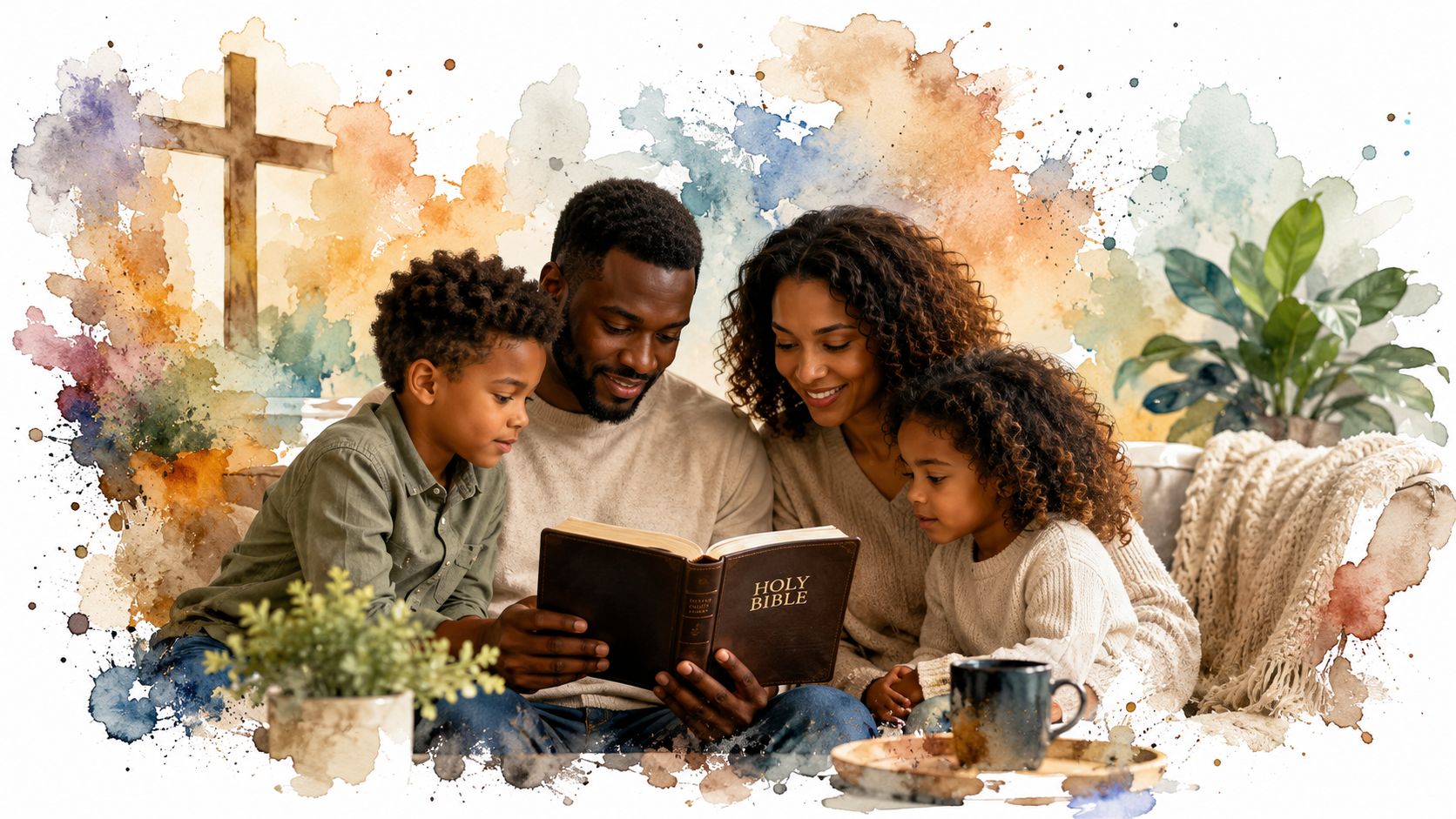 A happy family sitting together and reading from a Holy Bible in a cozy living room setting.