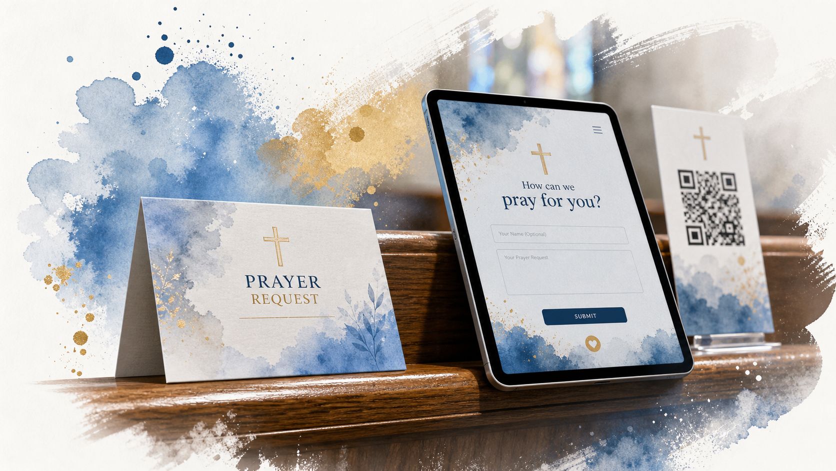 A tablet and physical card featuring watercolor art and a golden cross design for church prayer requests.