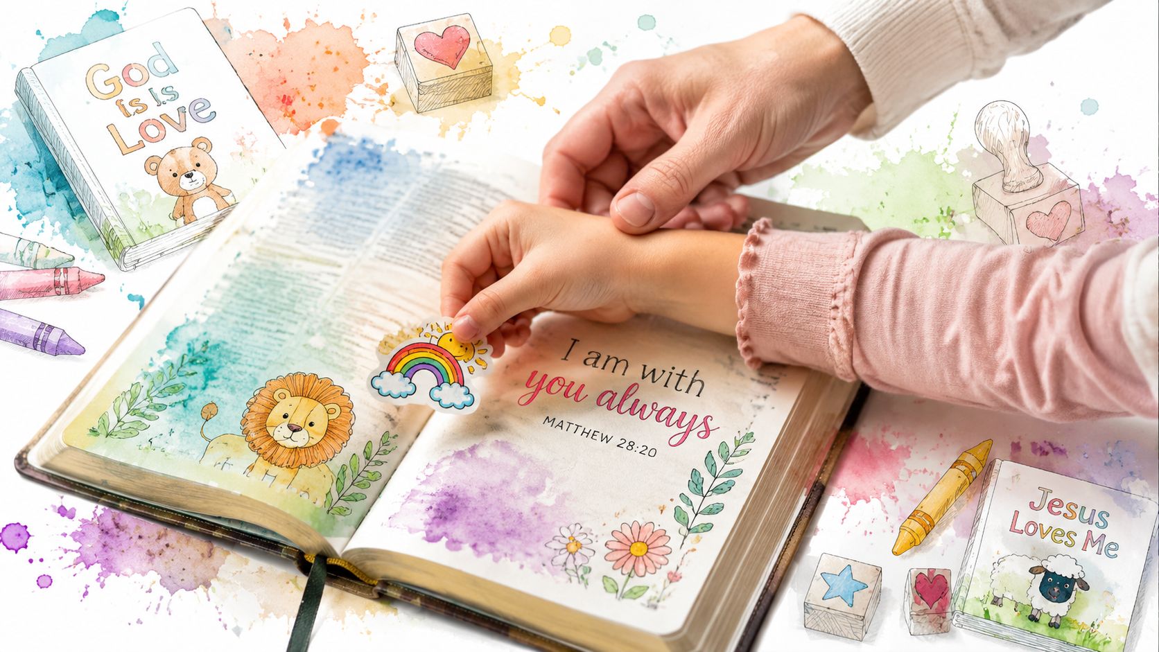 A child placing a colorful rainbow sticker in a bible study journal with adult guidance.