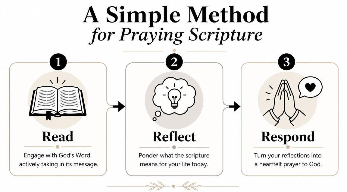 A simple three-step method for praying scripture, including reading, reflecting, and responding through prayer.