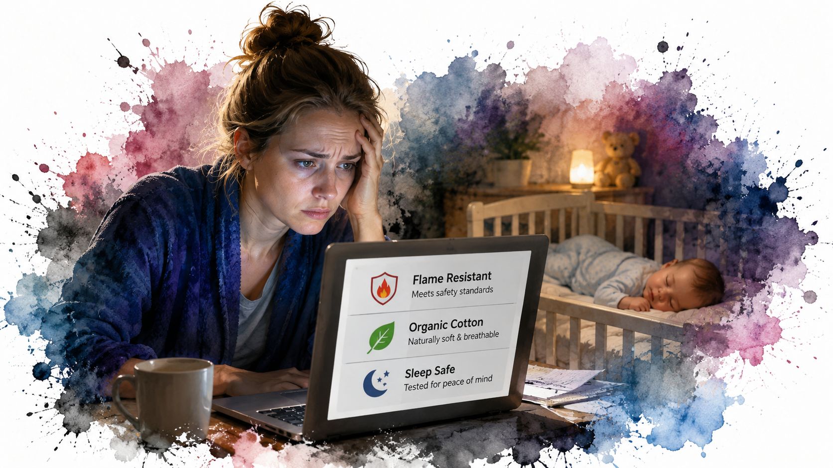 A tired mother researching flame resistant organic cotton baby sleepwear on her laptop at night.