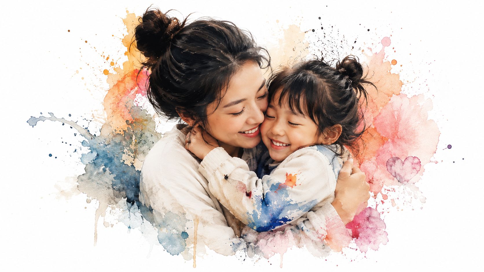 A warm watercolor illustration of a happy mother lovingly hugging her young daughter in matching outfits.