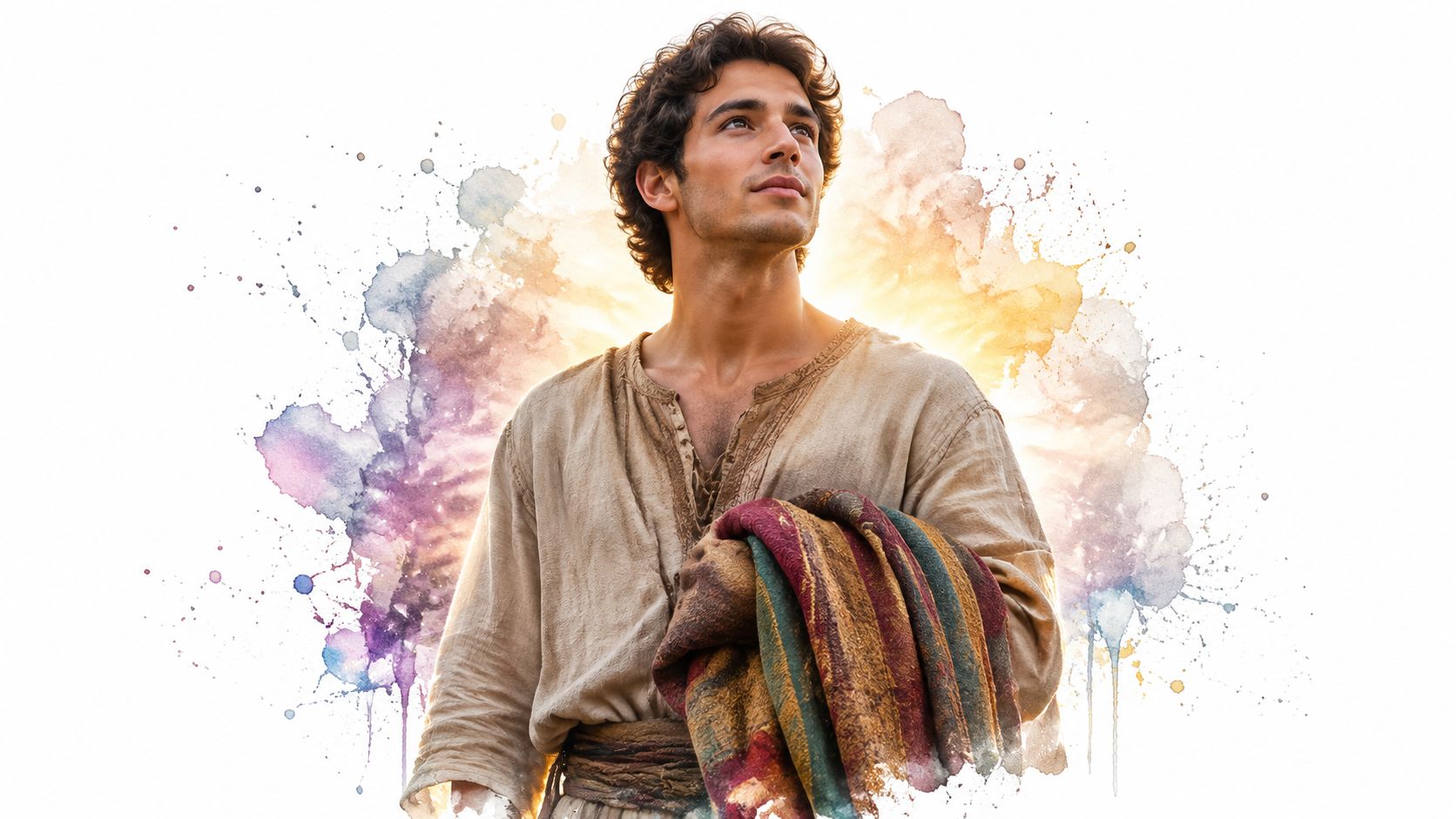 A young man with curly hair wearing traditional ancient clothing stands against a backdrop of watercolor splashes.
