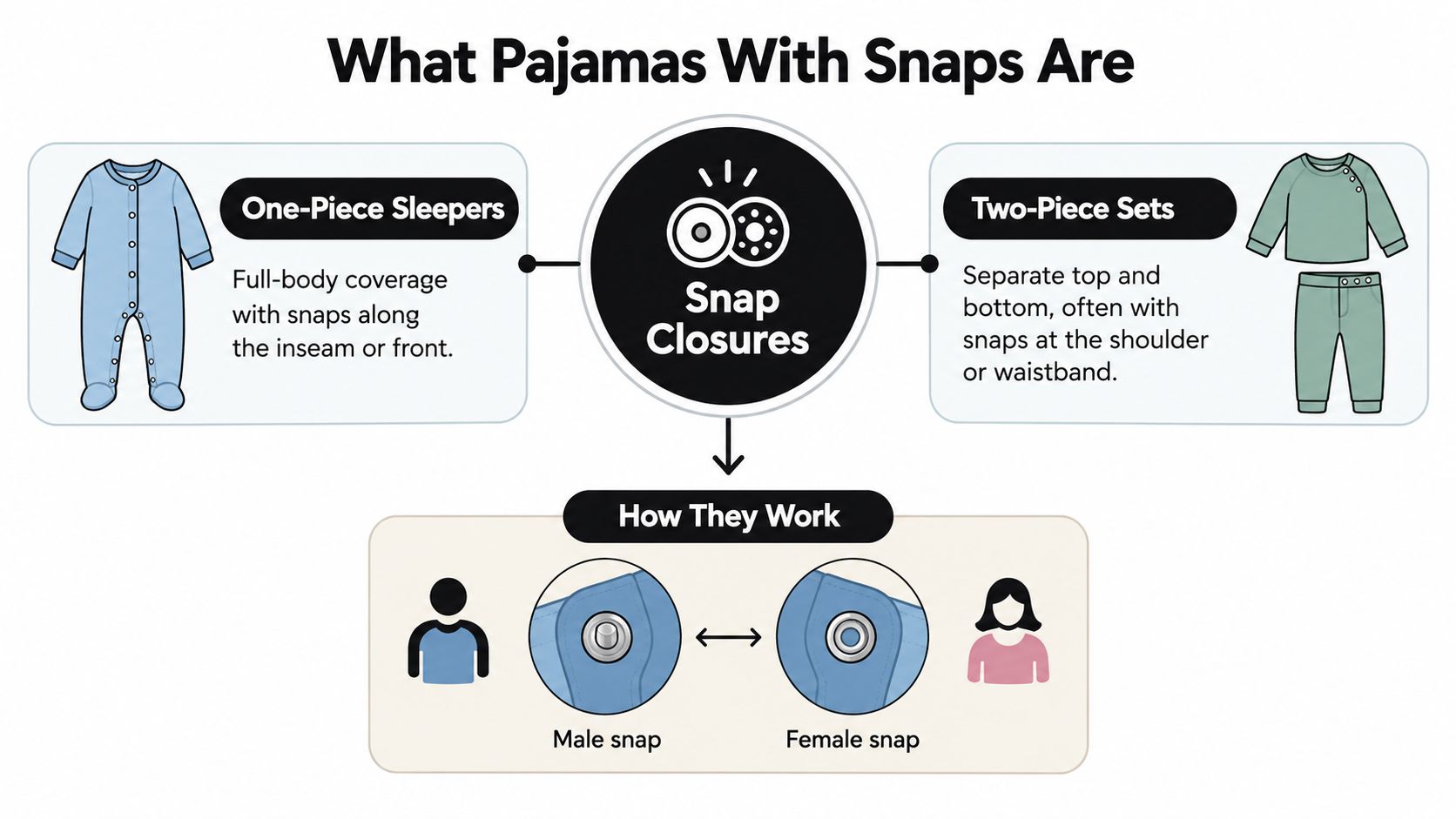 An infographic explaining how snap closures work on baby pajamas including one-piece sleepers and two-piece sets.