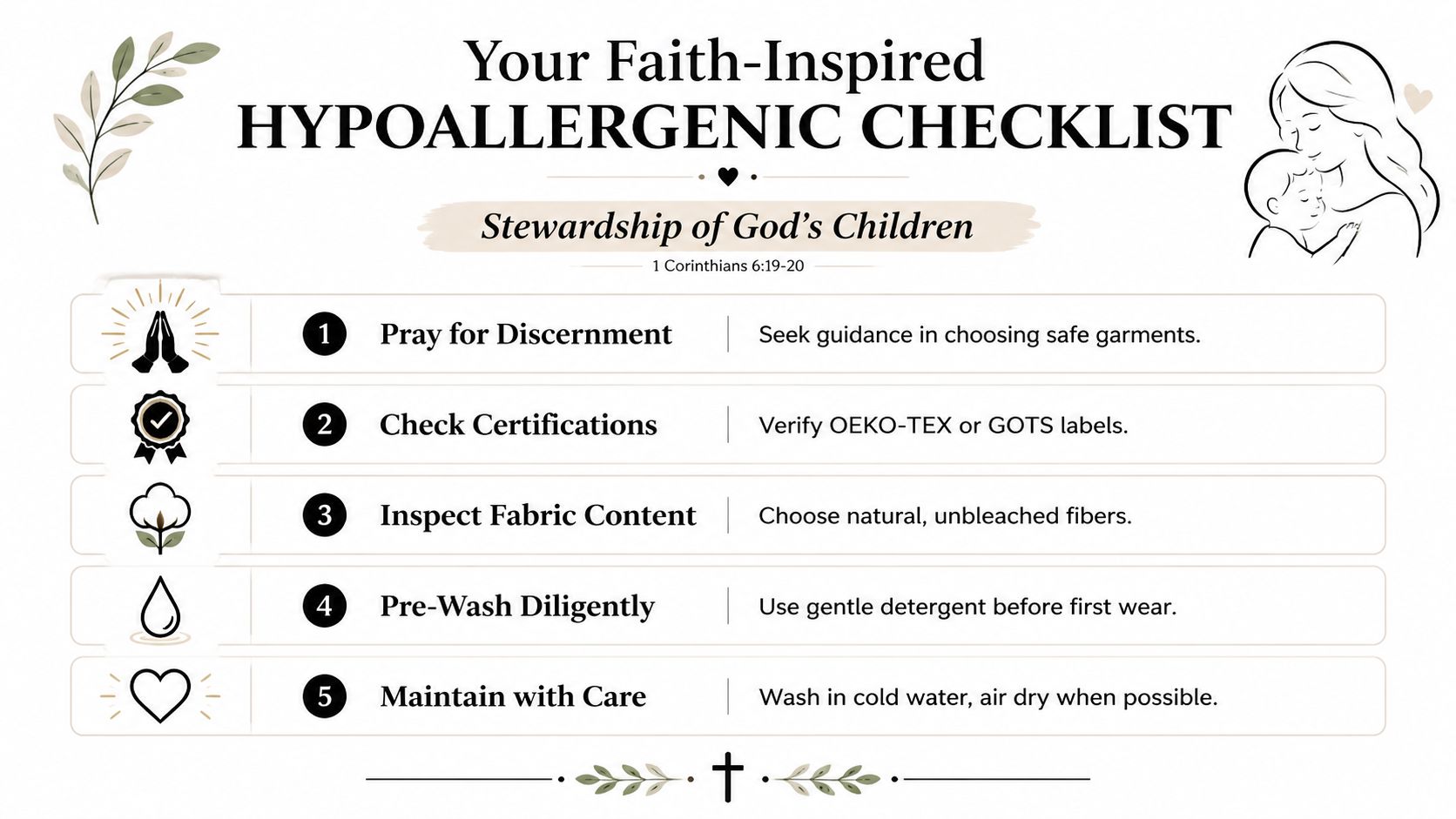 A five-step faith-inspired infographic guide on choosing and maintaining hypoallergenic baby clothing for parental stewardship.