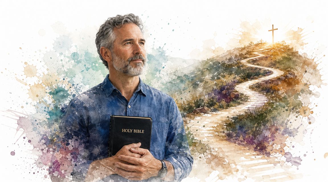 A middle-aged man with a gray beard holding a Holy Bible, looking towards a path leading to a cross.