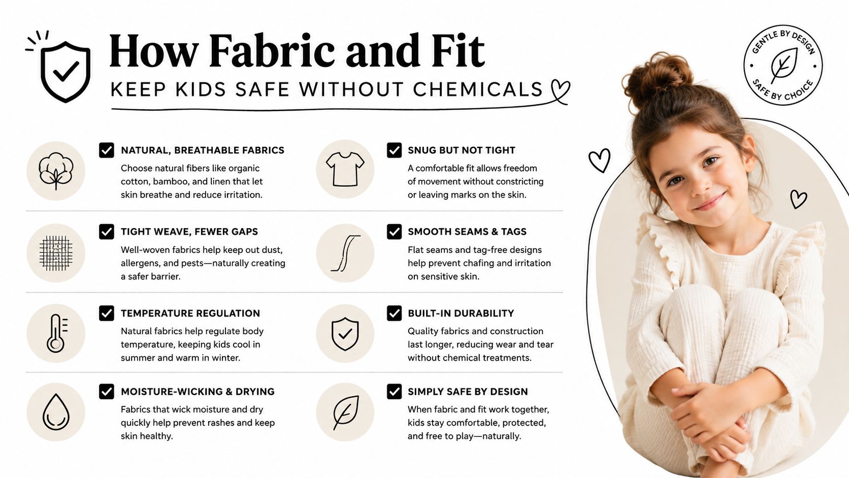 An infographic explaining how natural fabrics and proper fit keep children safe from chemicals in clothing.