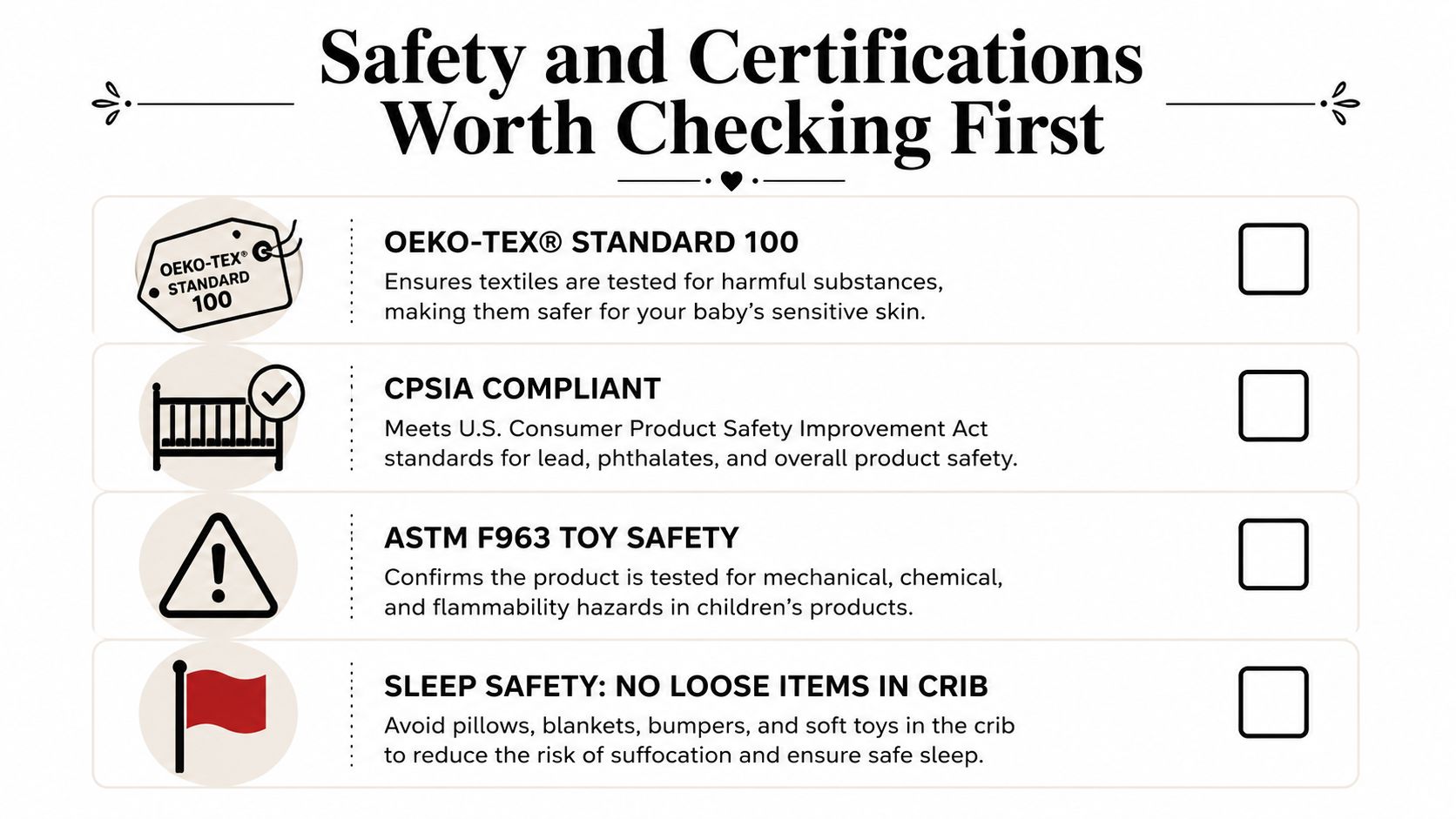 A checklist highlighting important baby product safety standards, certifications, and safe sleep practices for parents.
