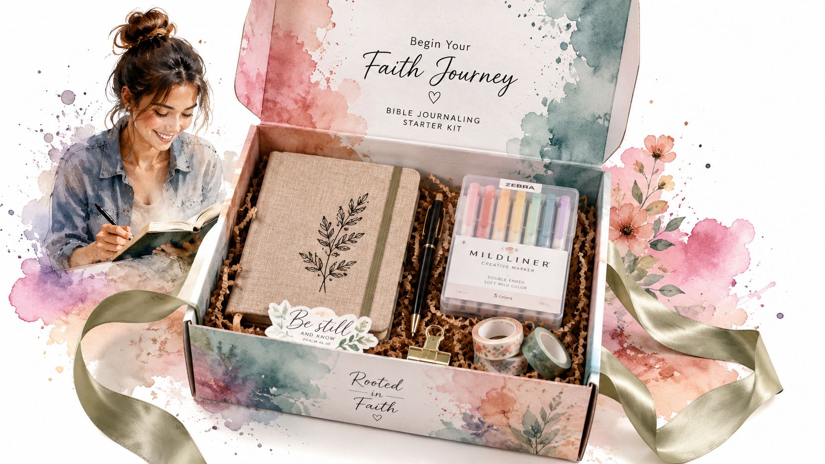 A woman smiling while using a Bible journaling starter kit box filled with stationery and a notebook.