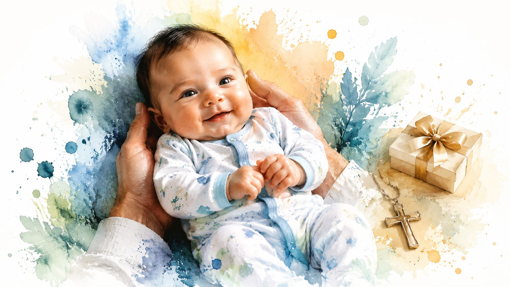 A happy baby boy wearing white floral footie pajamas being held gently in adult hands.