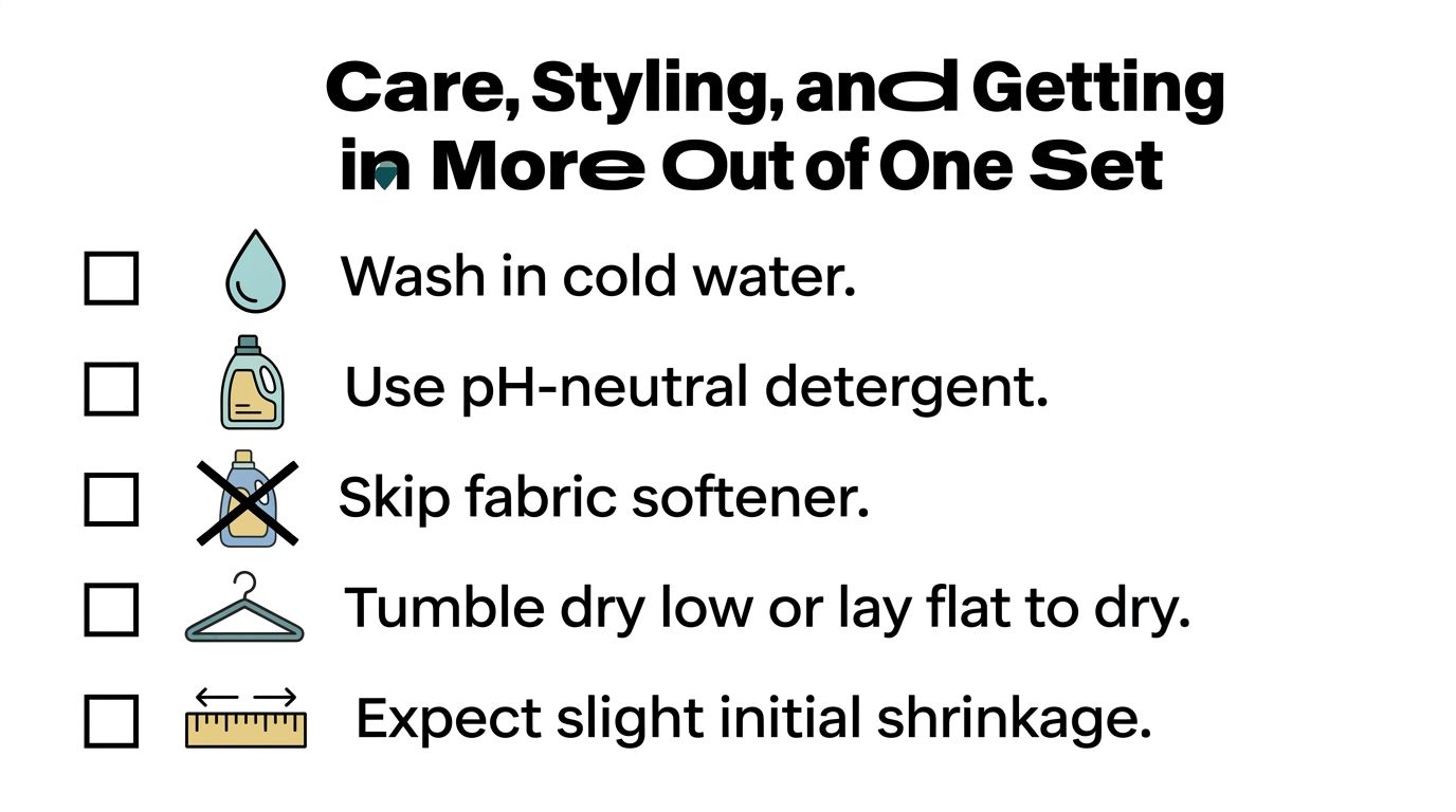 A list of care instructions for a two-piece set, including washing, drying, and shrinkage guidance.