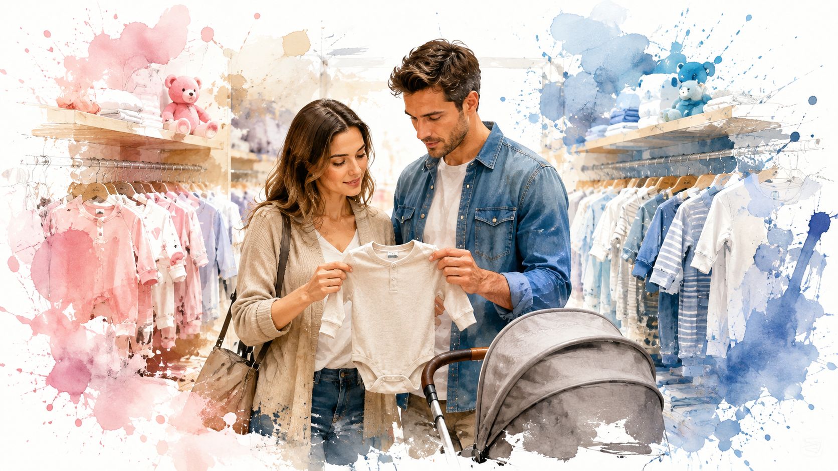 A happy couple shopping for gender neutral baby clothes in a boutique with a baby stroller nearby.