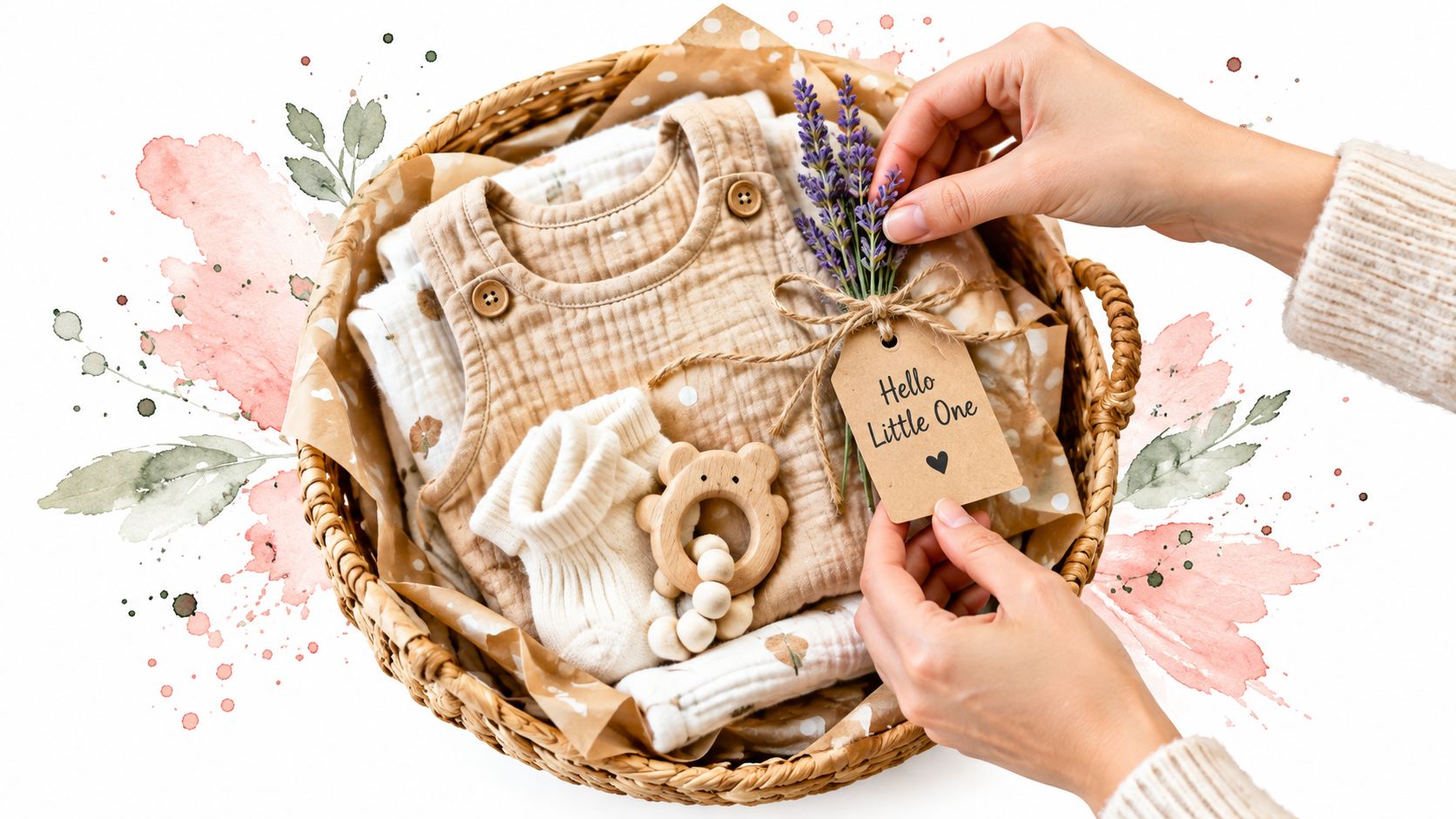 A pair of hands arranges a thoughtfully curated baby shower gift basket with clothing and accessories.