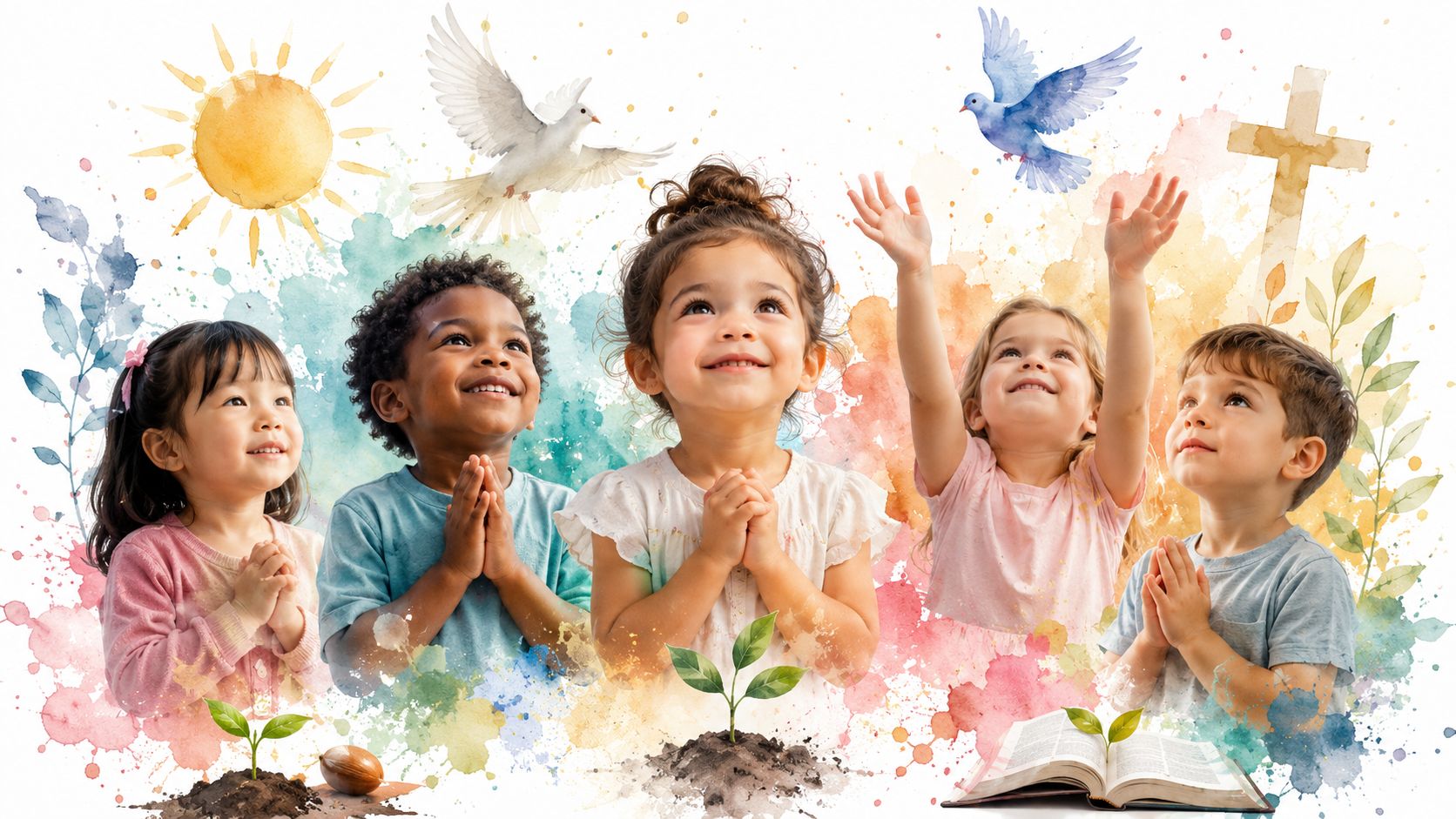 A diverse group of happy preschool children praying or looking up with doves and a cross above.