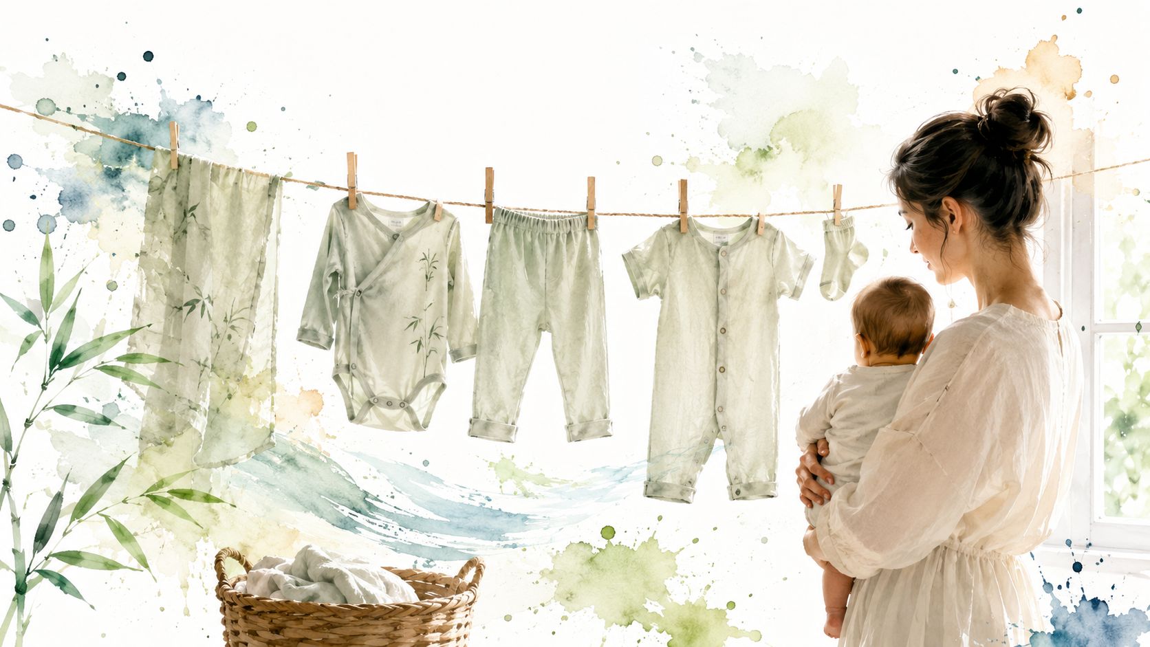 A mother holding her baby near a clothesline with soft bamboo baby clothes hanging to dry.