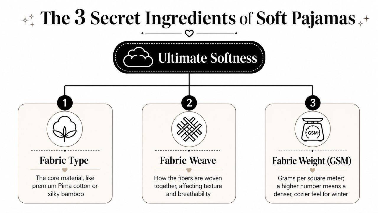 A diagram illustrating the three essential factors for achieving ultimate softness in pajamas, including fabric type, weave, and weight.