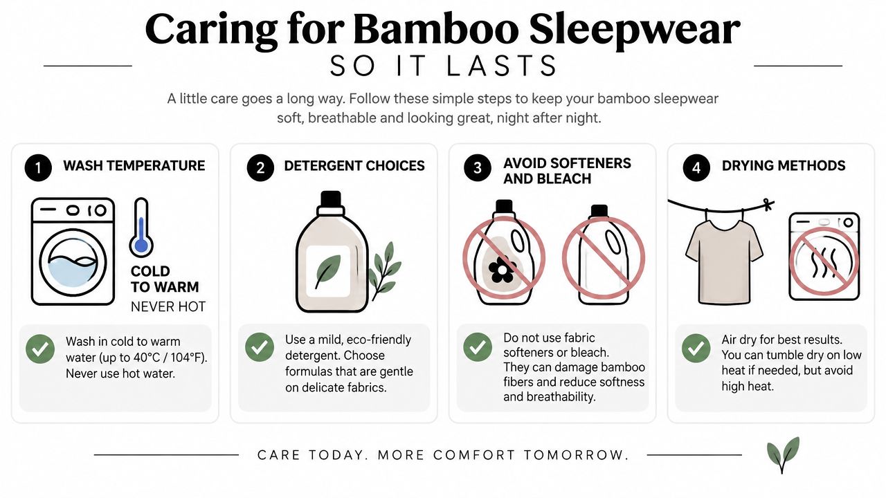 An instructional infographic detailing four essential steps for caring for bamboo sleepwear to maintain quality and softness.
