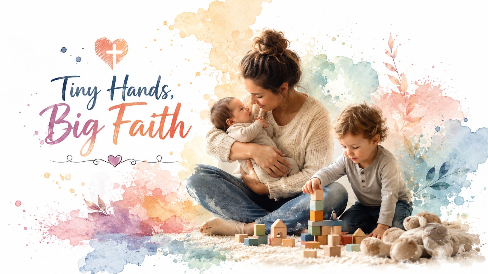 A mother sitting on a rug playing with her infant and toddler, featuring artistic watercolor background accents.