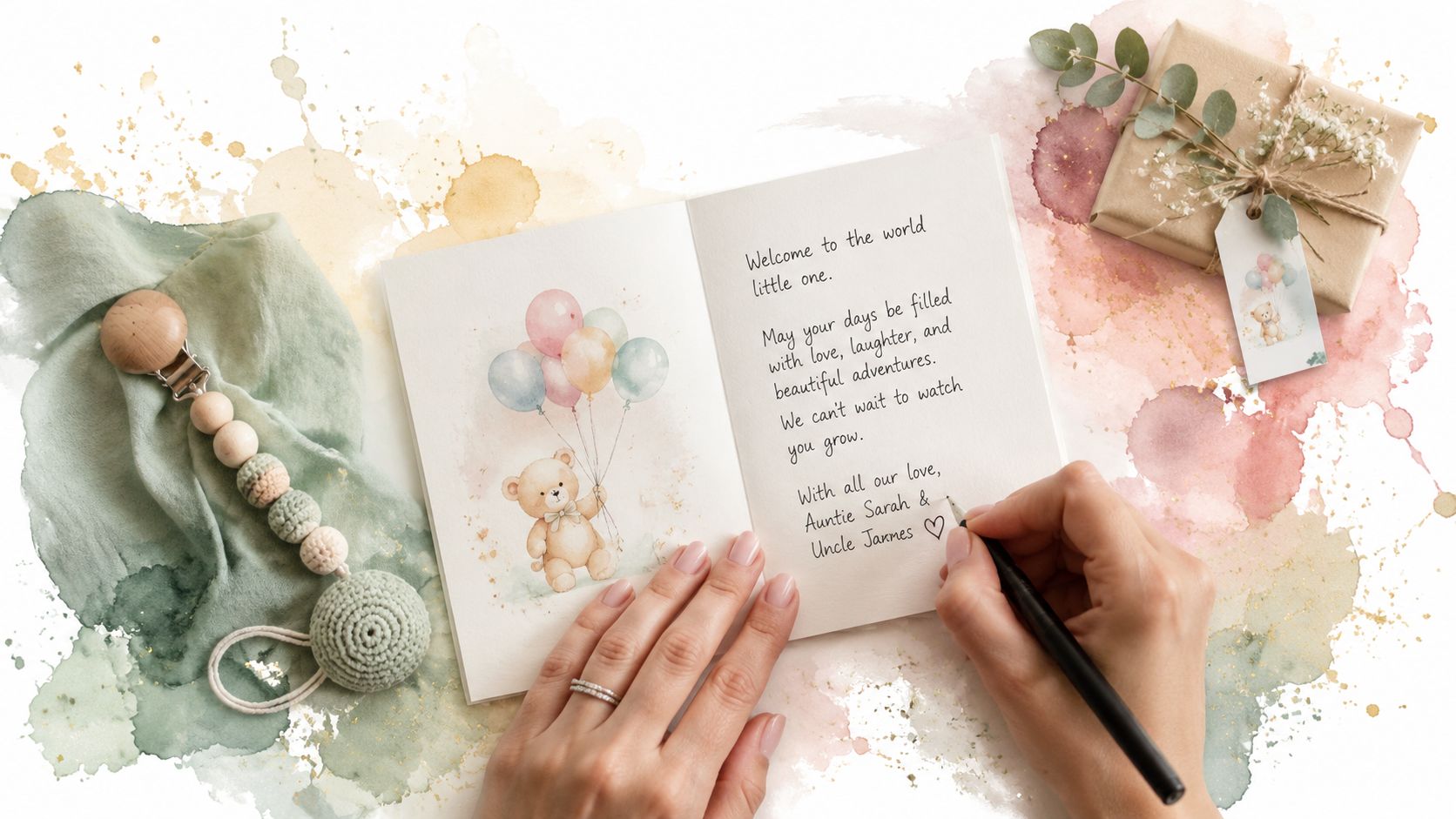 A person writing a heartfelt message in a baby greeting card beside a pacifier and gift.