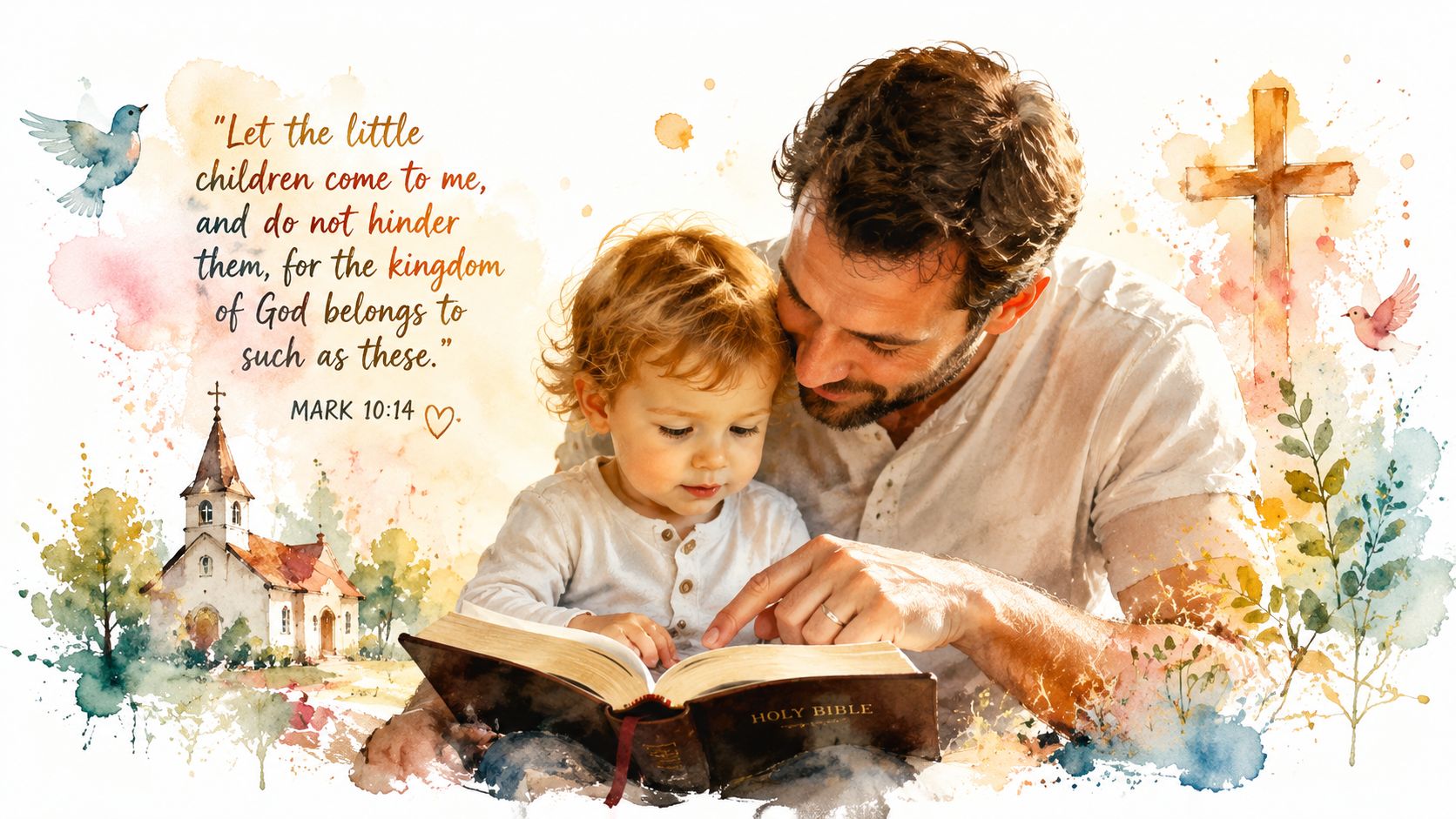 A father and his young child reading the Holy Bible together with a cross and church watercolor.