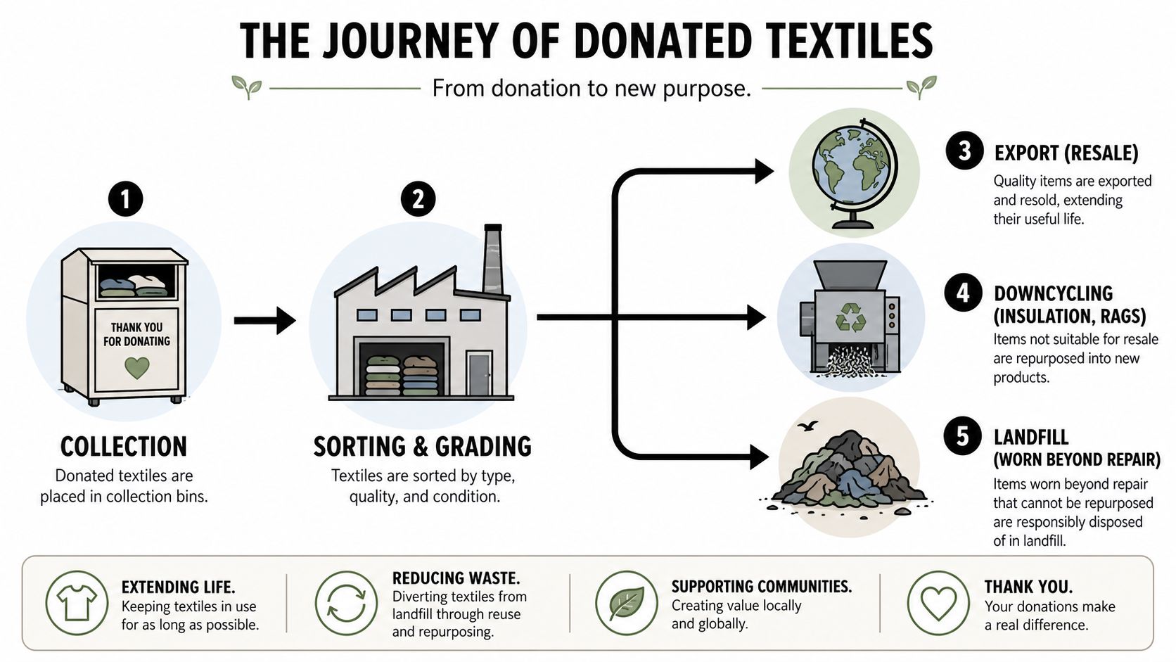 A diagram illustrating the step-by-step lifecycle journey of donated textiles from collection to final destination.