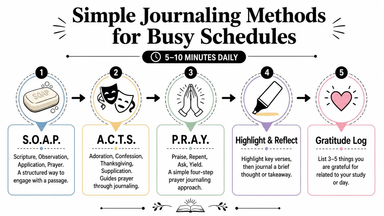 A step-by-step infographic showing five simple daily Bible study journaling methods for busy schedules.