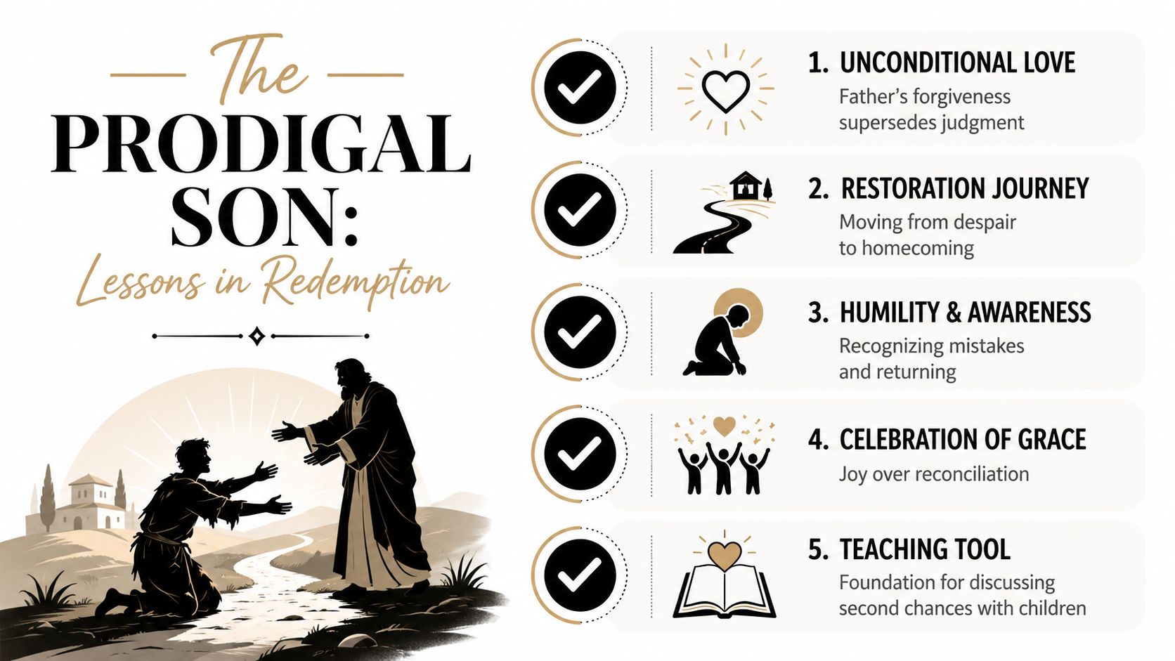 A graphic illustration detailing five lessons about redemption derived from the biblical story of the Prodigal Son.