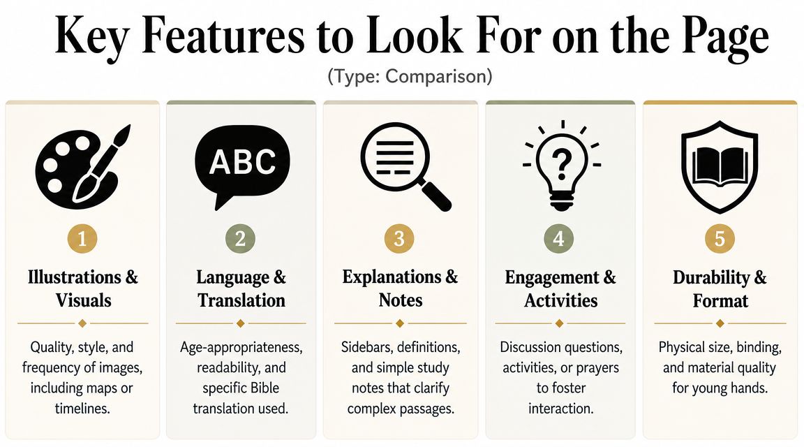 A comparison guide infographic outlining five key features to consider when choosing a Bible for children.