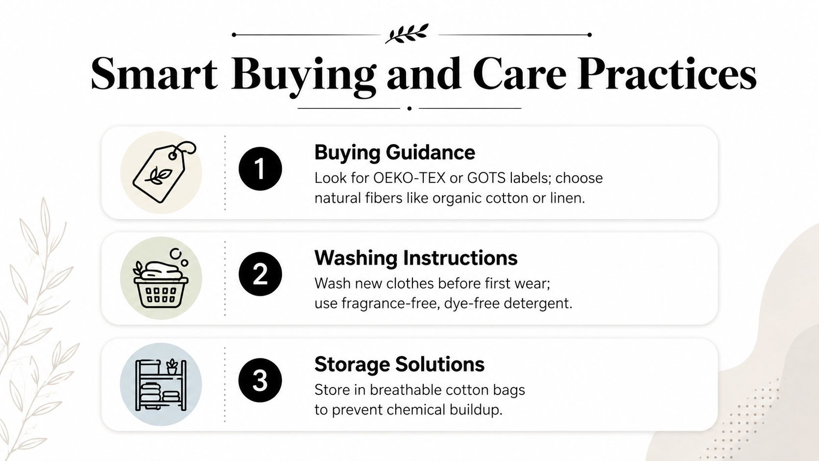 An infographic titled Smart Buying and Care Practices offering tips for selecting and maintaining hypoallergenic baby clothing.