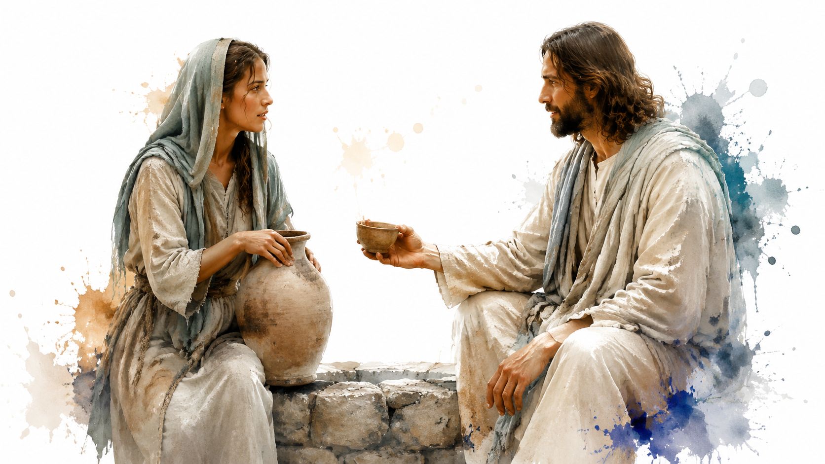 Jesus Christ meeting and speaking with the Samaritan woman by a stone well in ancient times.