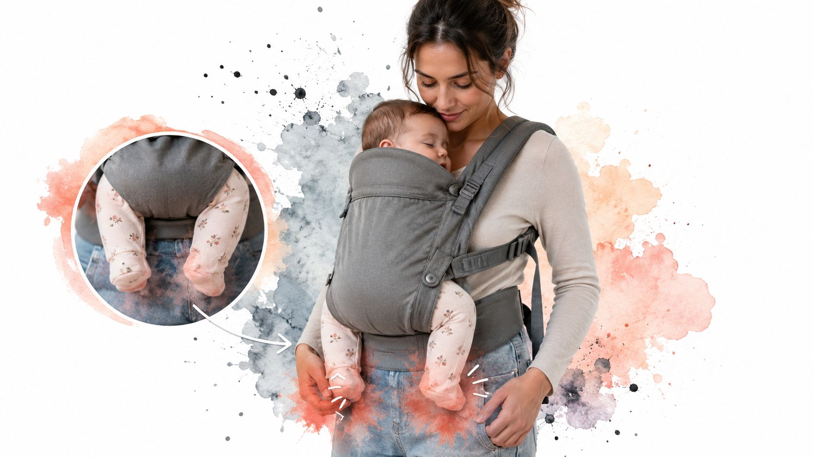 A woman carrying a sleeping baby in a grey carrier, wearing soft patterned 12 month pajamas with feet.
