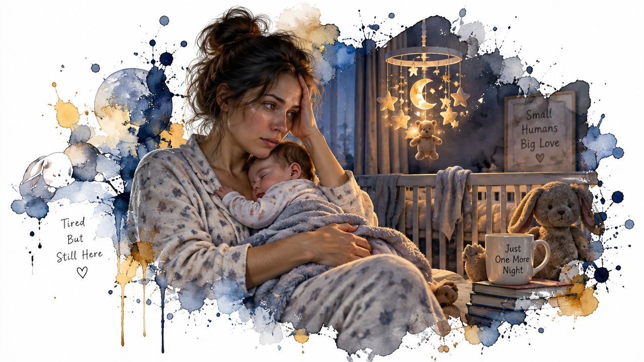 A tired mother holding her sleeping baby in a nursery at night with watercolor style background elements.