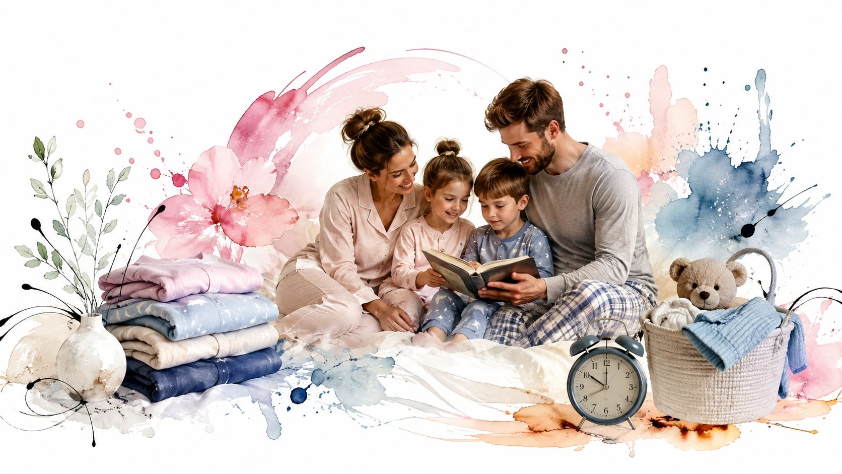 A happy family in pajamas reading a book together on a bed with watercolor floral background elements.