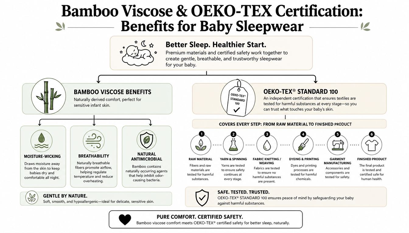 An infographic detailing the benefits of bamboo viscose fabric and the OEKO-TEX Standard 100 safety certification for baby sleepwear.
